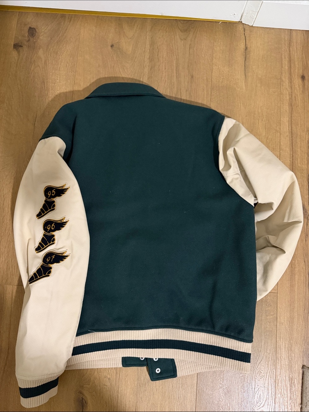 Abercrombie & Fitch Dark Green and Cream Varsity Jacket with NY Patch - Picture 3 of 3